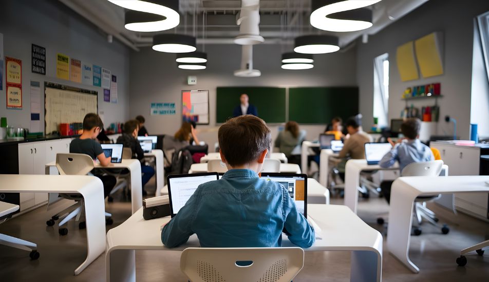 Aula escolar con tablets portátiles y pizarra digital